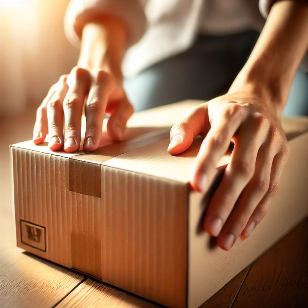 DALL·E 2024-11-05 21.24.53 - A close-up scene showing a customers hands carefully inspecting the edges and corners of a large cardboard box. The box is unopened, and the focus is